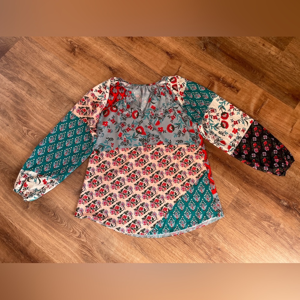 Womens Patchwork Peasant‎ Blouse Top Size Medium Bohemian Floral Folk Printed